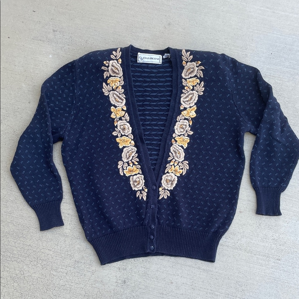 Susan Bristol Navy Cardigan with Floral Embroidery